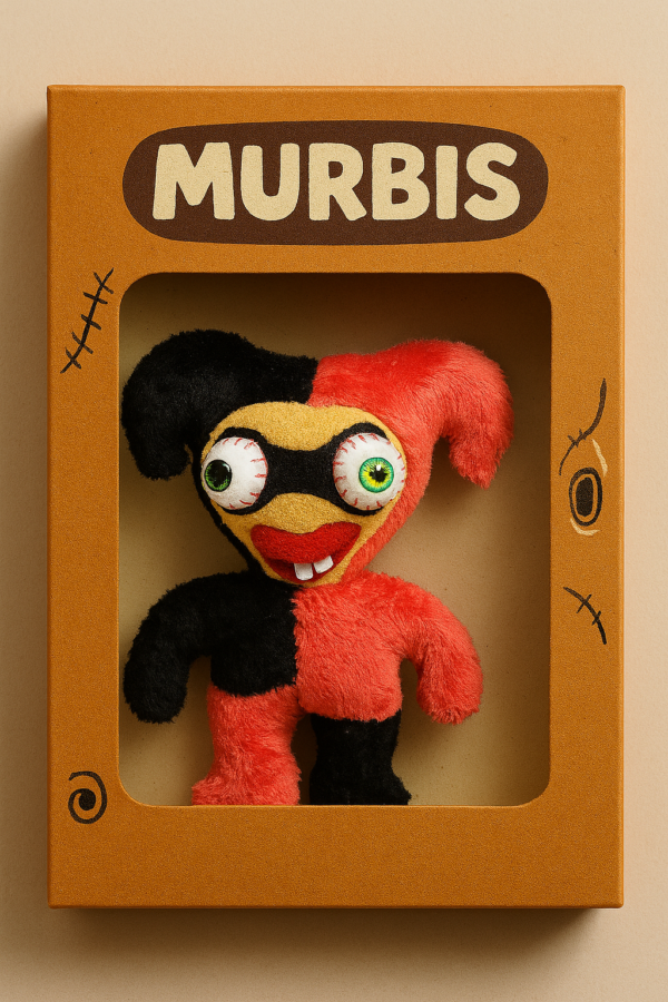 Murbi Jarli Kim, una muñeca de fieltro hecha a mano con su traje de arlequín rojo y negro y ojos desiguales.
