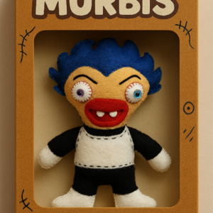 El Murbi Malgeta, un muñeco de fieltro hecho a mano con pelo azul y su característico traje de combate.