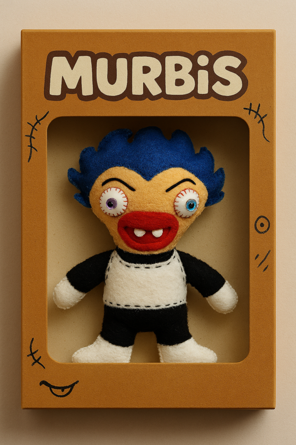 El Murbi Malgeta, un muñeco de fieltro hecho a mano con pelo azul y su característico traje de combate.