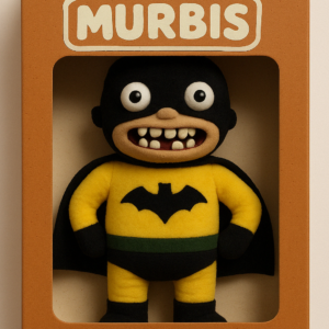 El personaje Batmal, un muñeco de colección artesanal con máscara negra, traje amarillo y sonrisa torcida.