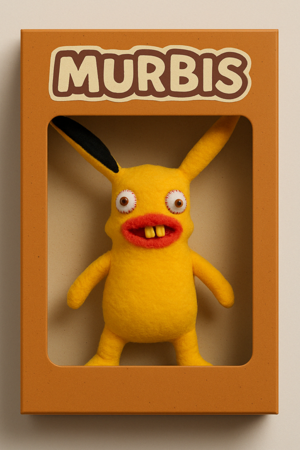 Murbi Pikabeast, un muñeco de fieltro hecho a mano de color amarillo con ojos saltones y dientes grandes.
